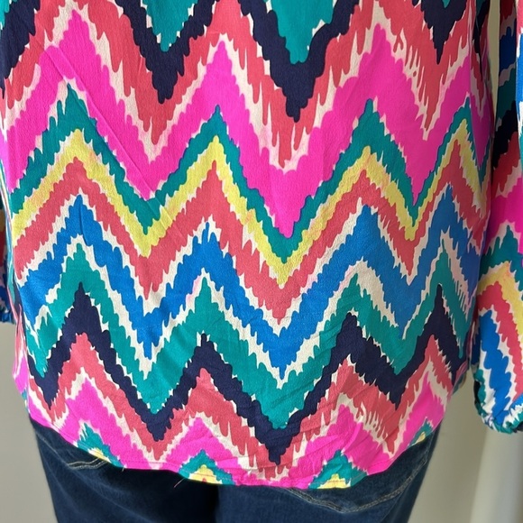 Lilly Pulitzer Elsa Silk Top Flame Stitch Pattern Vneck Smocked Shirt Sz XS - Picture 8 of 12